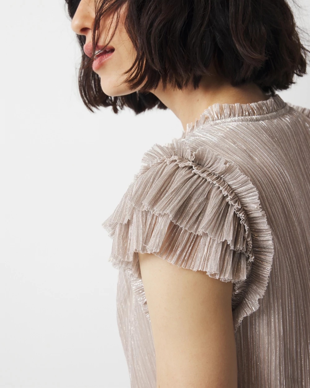 Petite Ruffle Tie-Neck Shimmer Top