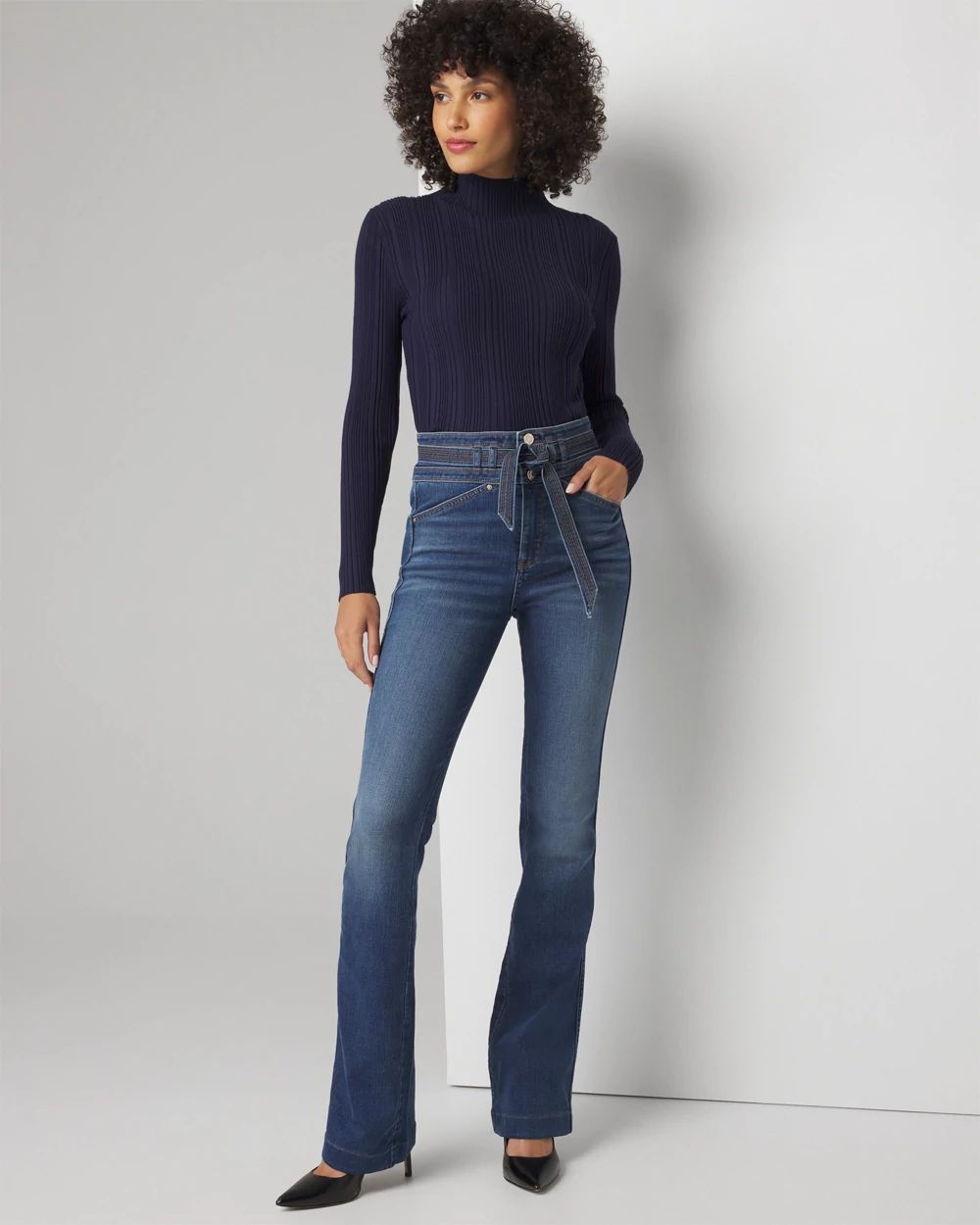 Extra High-Rise Everyday Soft Denim™ Belted Trapunto Flare Jeans click to view larger image.