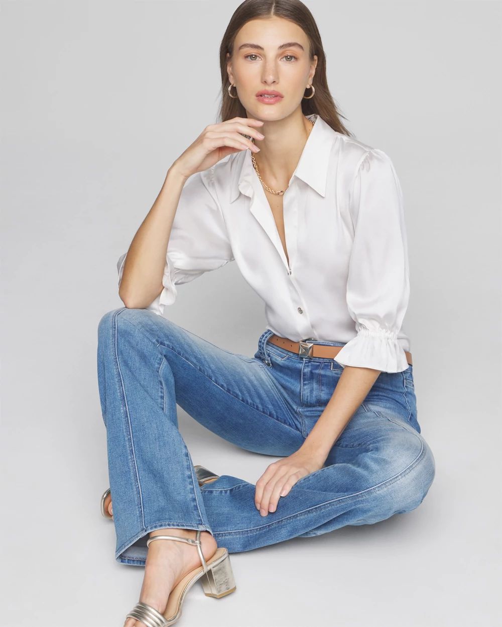 Elbow Sleeve Satin Button Shirt