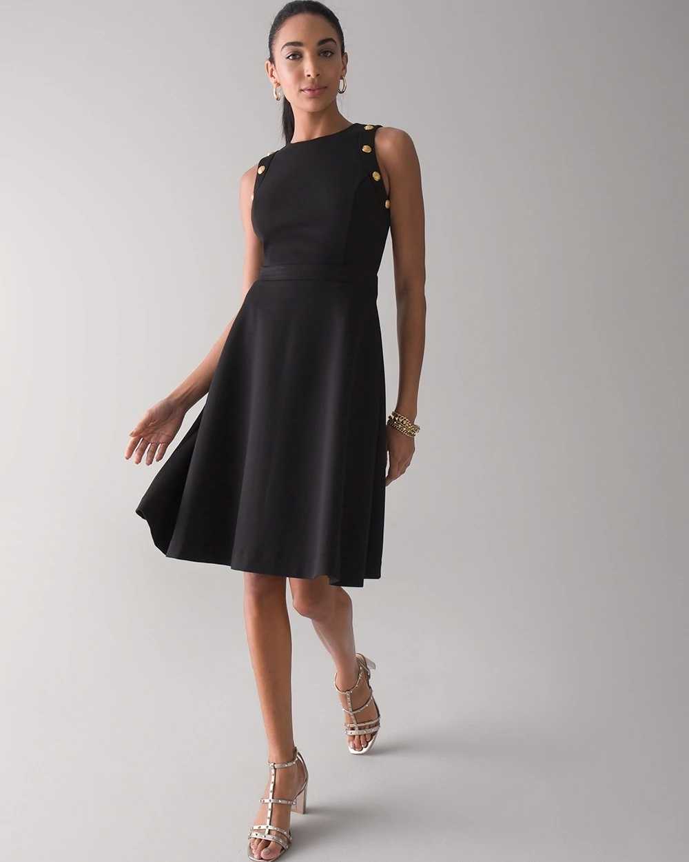 Petite Sleeveless Ponte Fit & Flare Dress With Crest Button Detail click to view larger image.