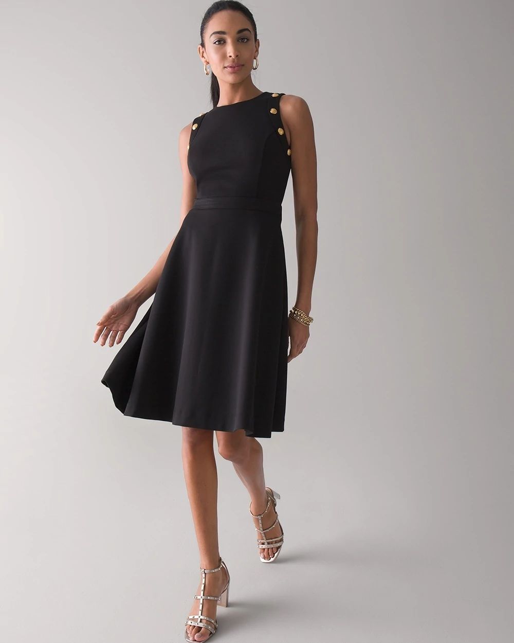 Petite Sleeveless Ponte Fit & Flare Dress With Crest Button Detail