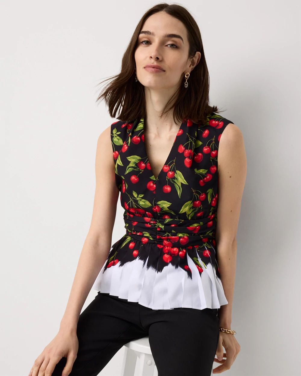 Pleated Peplum V-neck Top