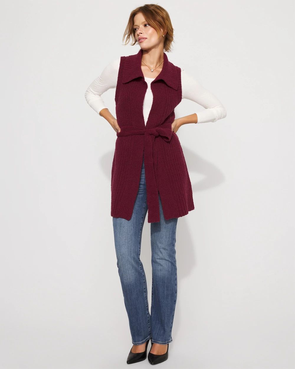 Bouclé Sleeveless Tie-Waist Sweater Vest click to view larger image.