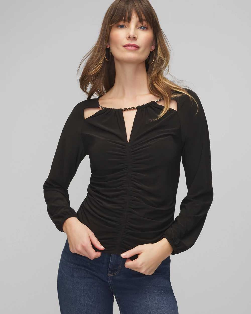 Petite Long Sleeve Ruched Chain Matte Jersey Top