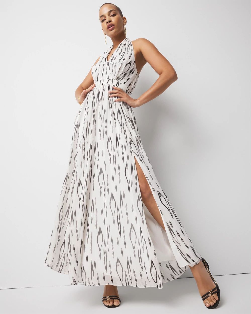 Ikat Print + Lurex Maxi Halter Dress