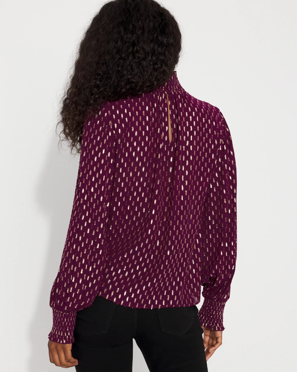 White House Black Market Jacquard + Gold Clip Mock Neck Blouse In Purple