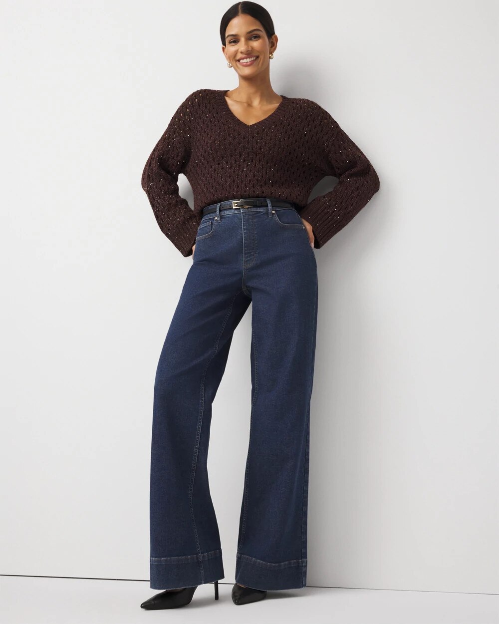 V-Neck Open Stitch Sequin Sweater - image 2