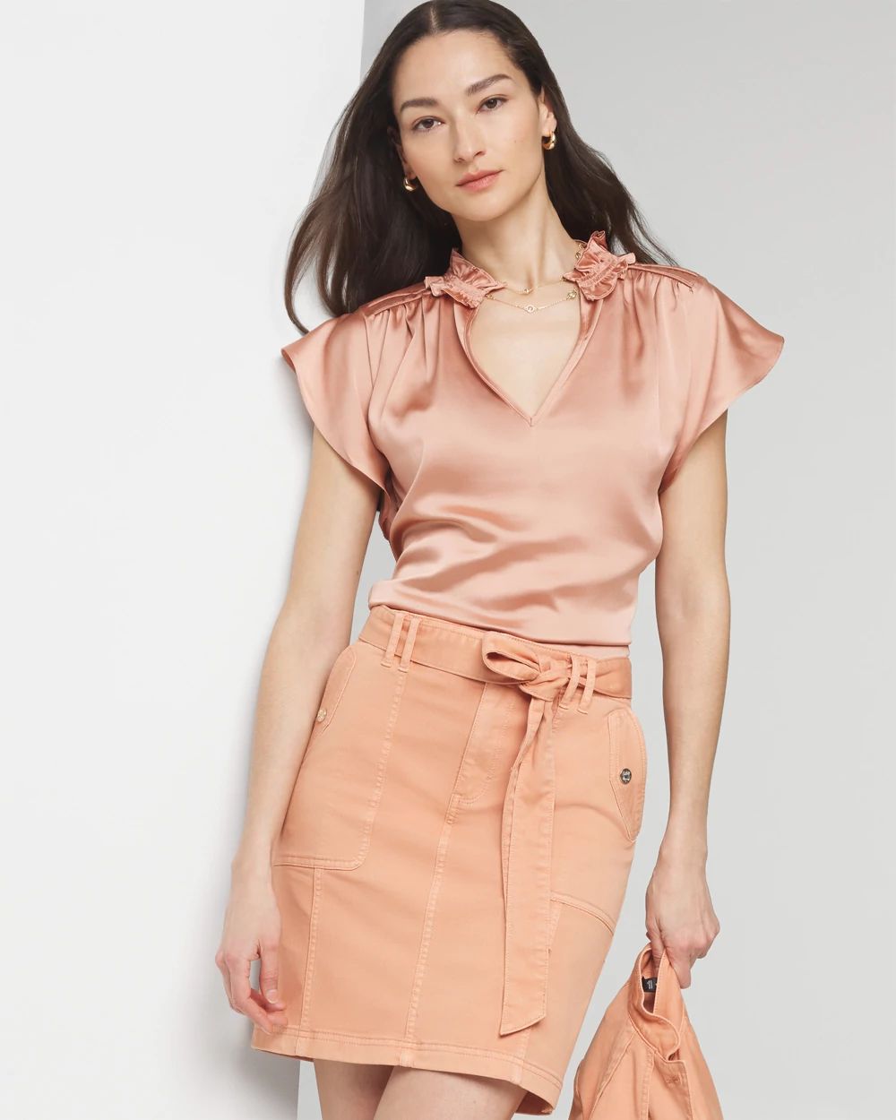 Petite Ruched Neck Flutter Shell Top
