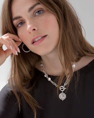 Silvertone Coin Pavé Convertible Necklace
