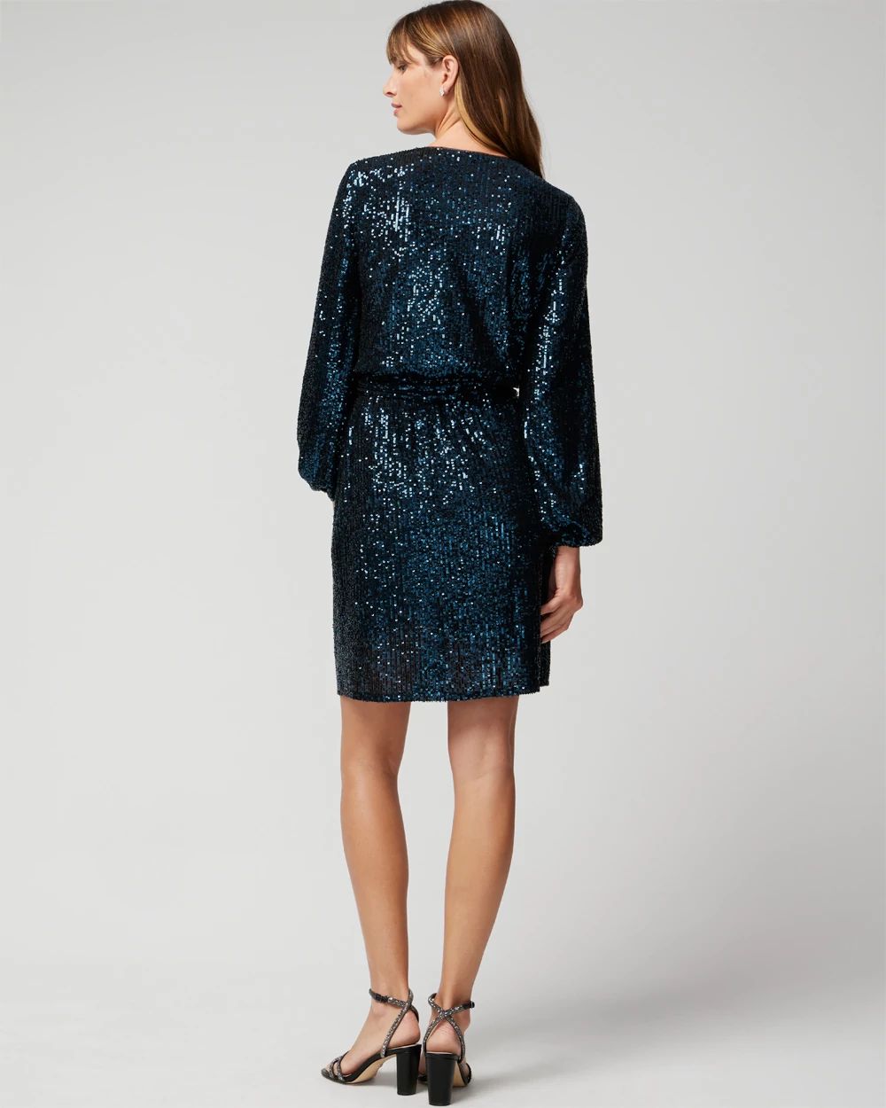 Long Sleeve Sequin Surplice Blouson Dress