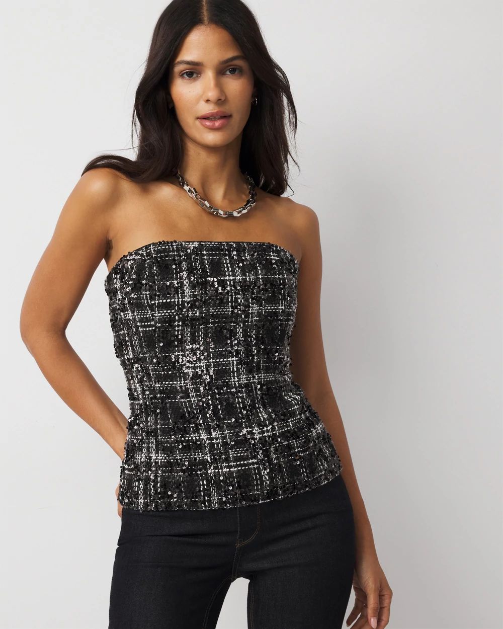 Sequin Plaid Tweed Bustier