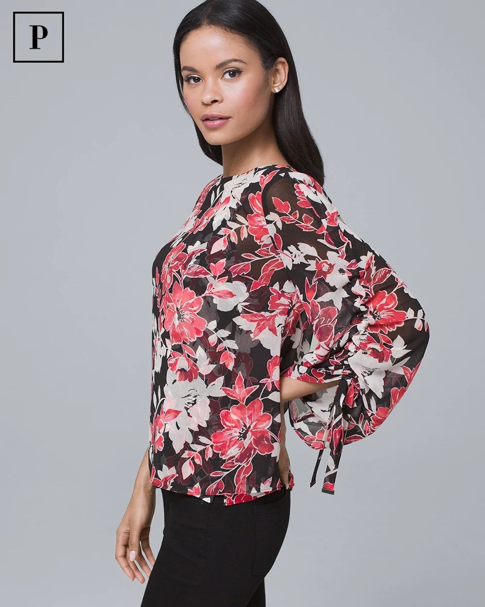 Petite Tie-Sleeve Floral Blouse click to view larger image.