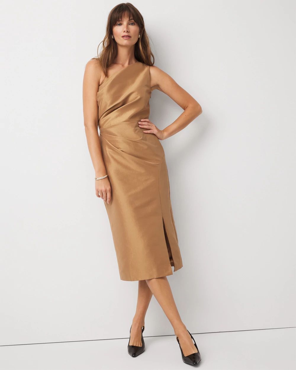 Petite One-Shoulder Stretch Taffeta Midi Dress