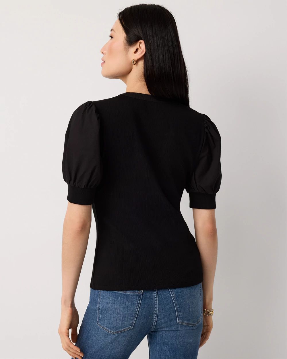 Poplin Puff Sleeve Henley Top click to view larger image.