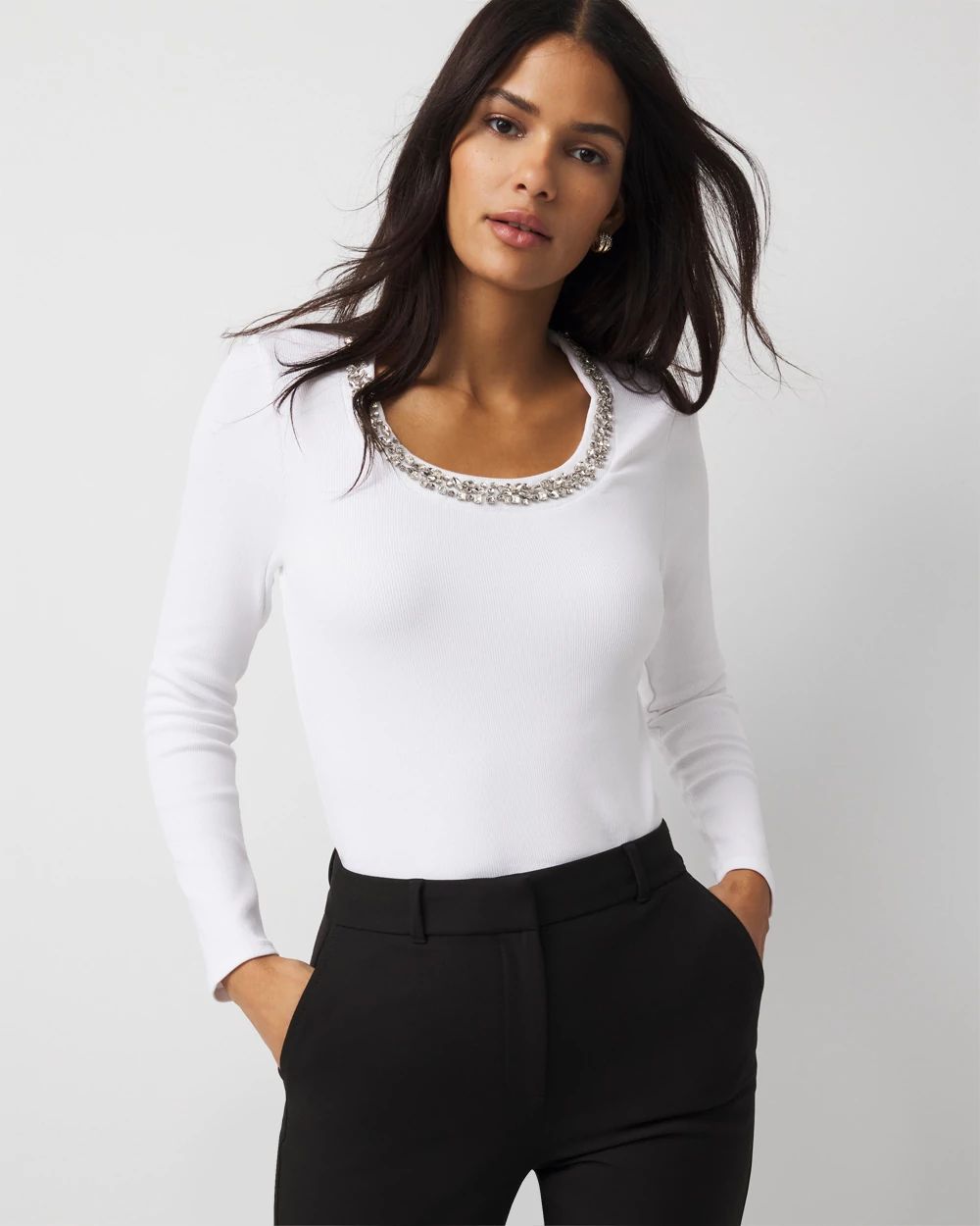 Rhinestone Scoop Neck Rib-Knit Tee