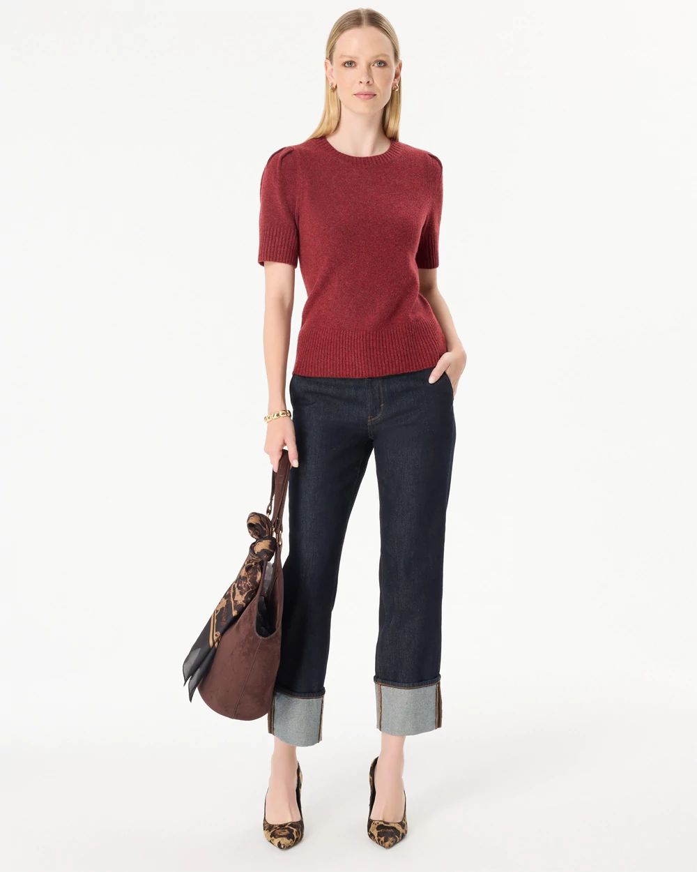 Crew Neck Elbow Sleeve Pullover click to view larger image.