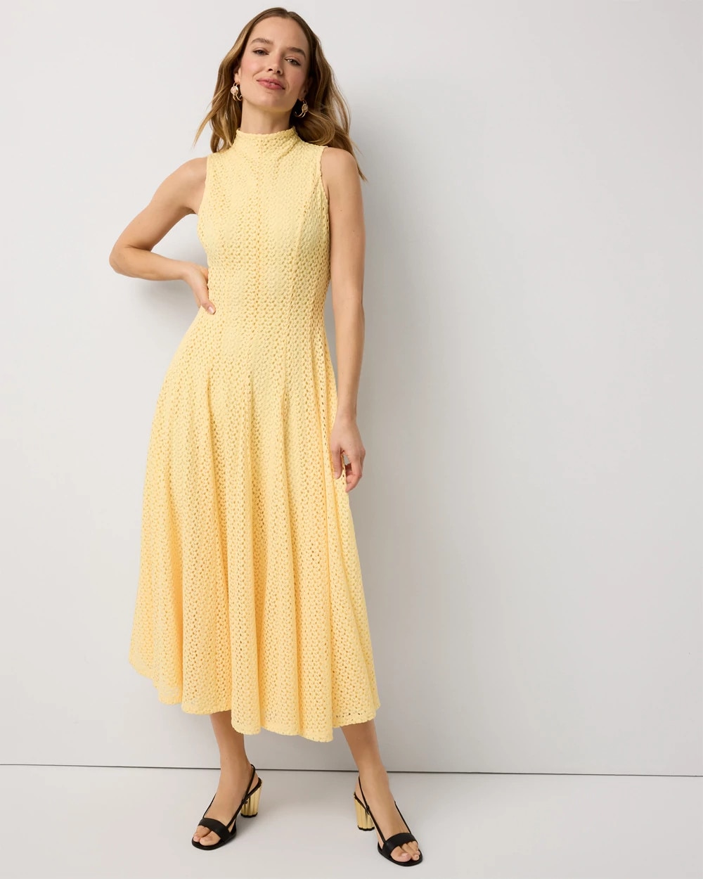 Mock Neck Knit Lace Midi Dress