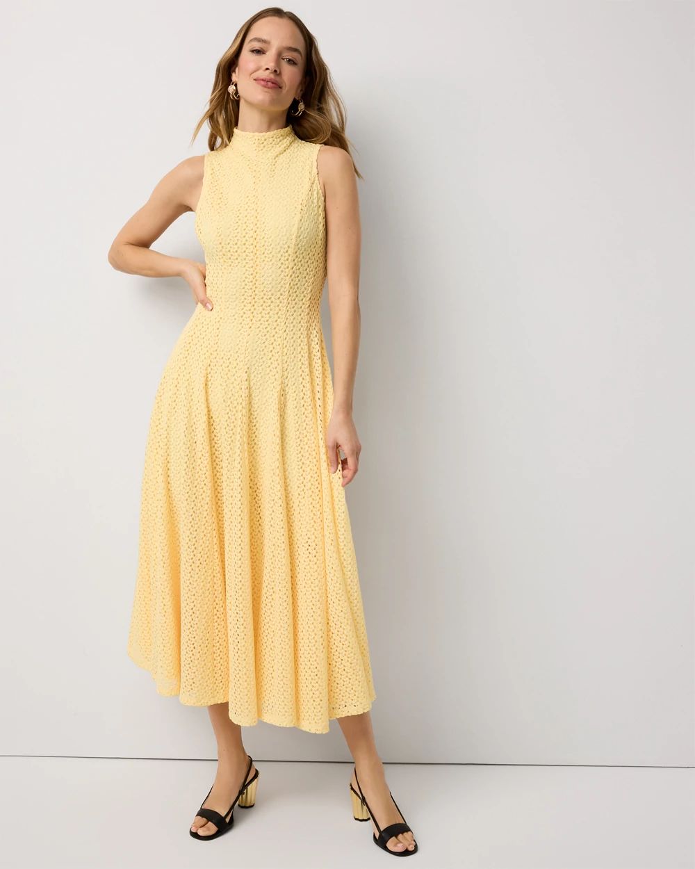 Mock Neck Knit Lace Midi Dress