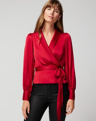 Petite Long Sleeve Wrap Satin Blouse