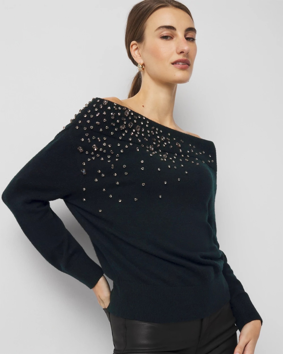 White House Black Market Petite Embellished Off-the-shoulder Sweater
