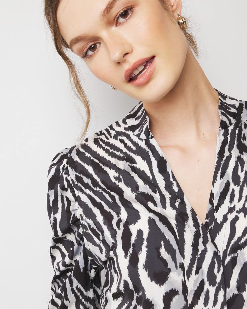Petite Y-Neck Ruched Sleeve Shirt