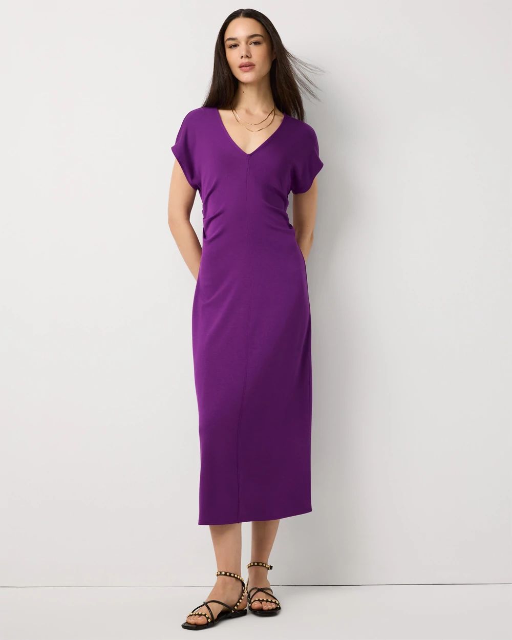 Gathered Waist Short Sleeve Midi Dress