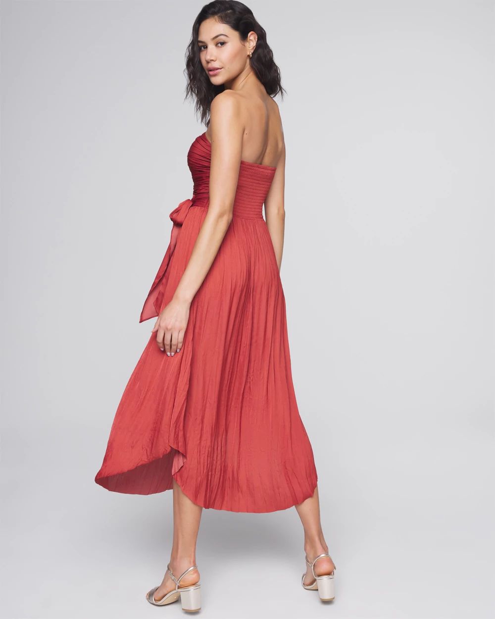 Strapless Pleated Tie-Waist Dress
