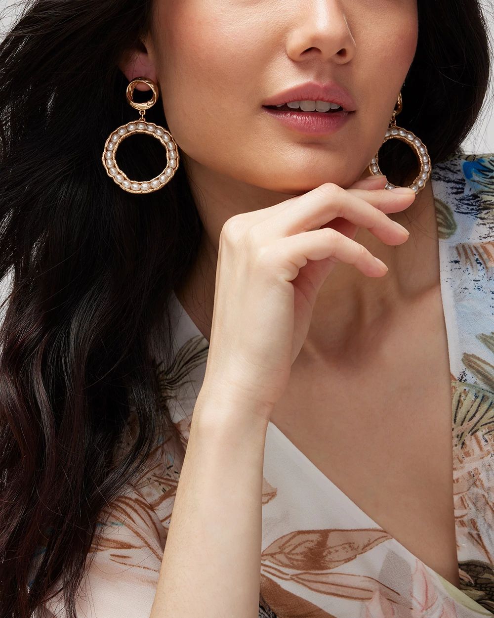 Goldtone and Faux Pearl Drop Hoop Earrings
