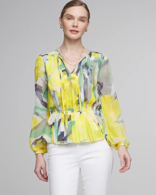 Long Sleeve V-Neck Pleated Chiffon Blouse