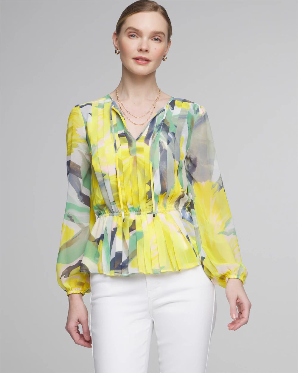 Long Sleeve V-Neck Pleated Chiffon Blouse