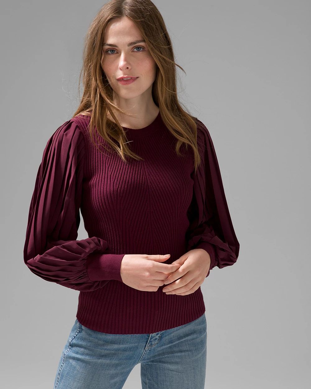 Pleated Drama Sleeve Ribbed Sweater