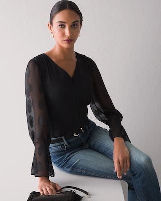 Long Sleeve V-Neck Clip Dot Blouse