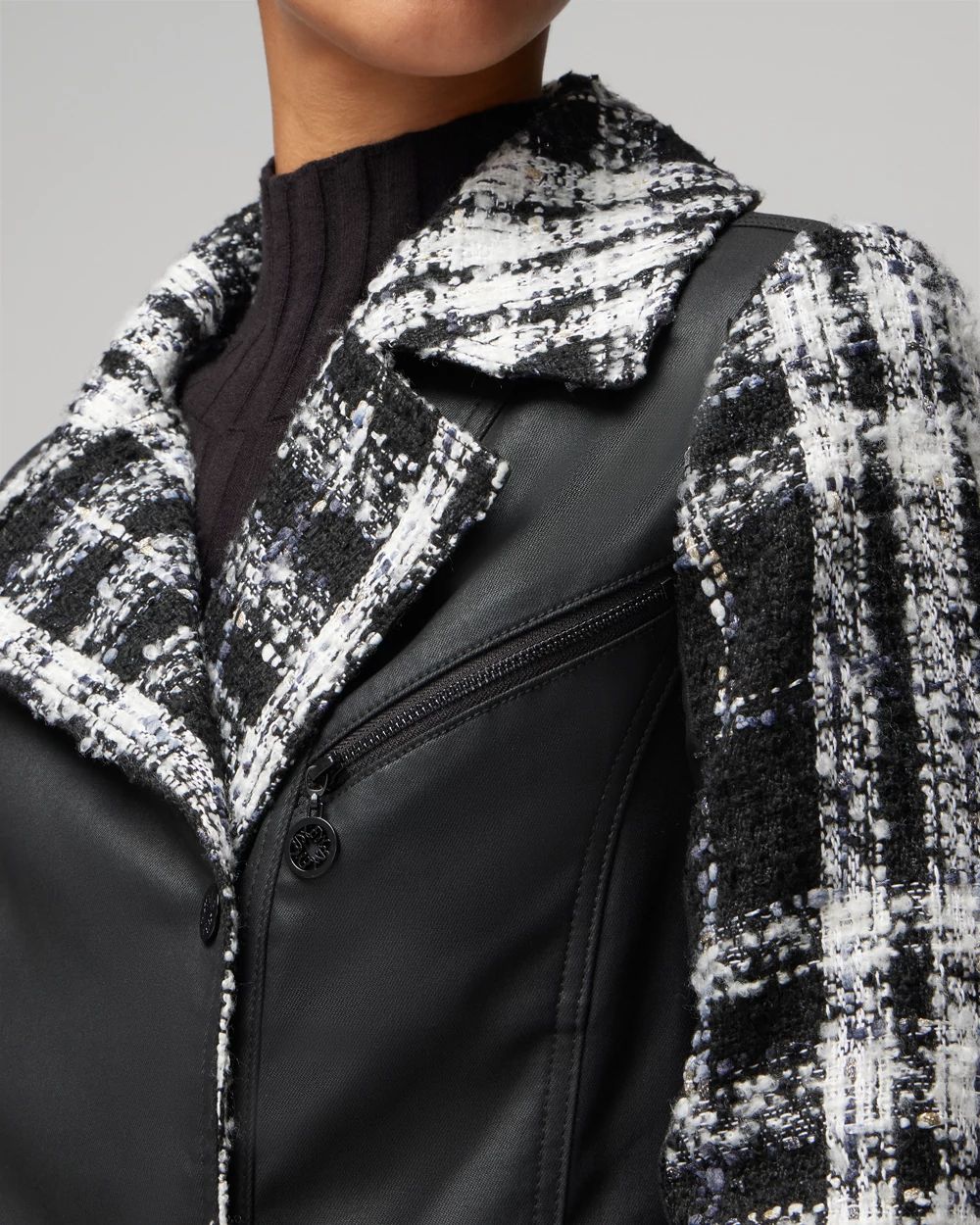 Petite Tweed Pieced Coated Moto Jacket