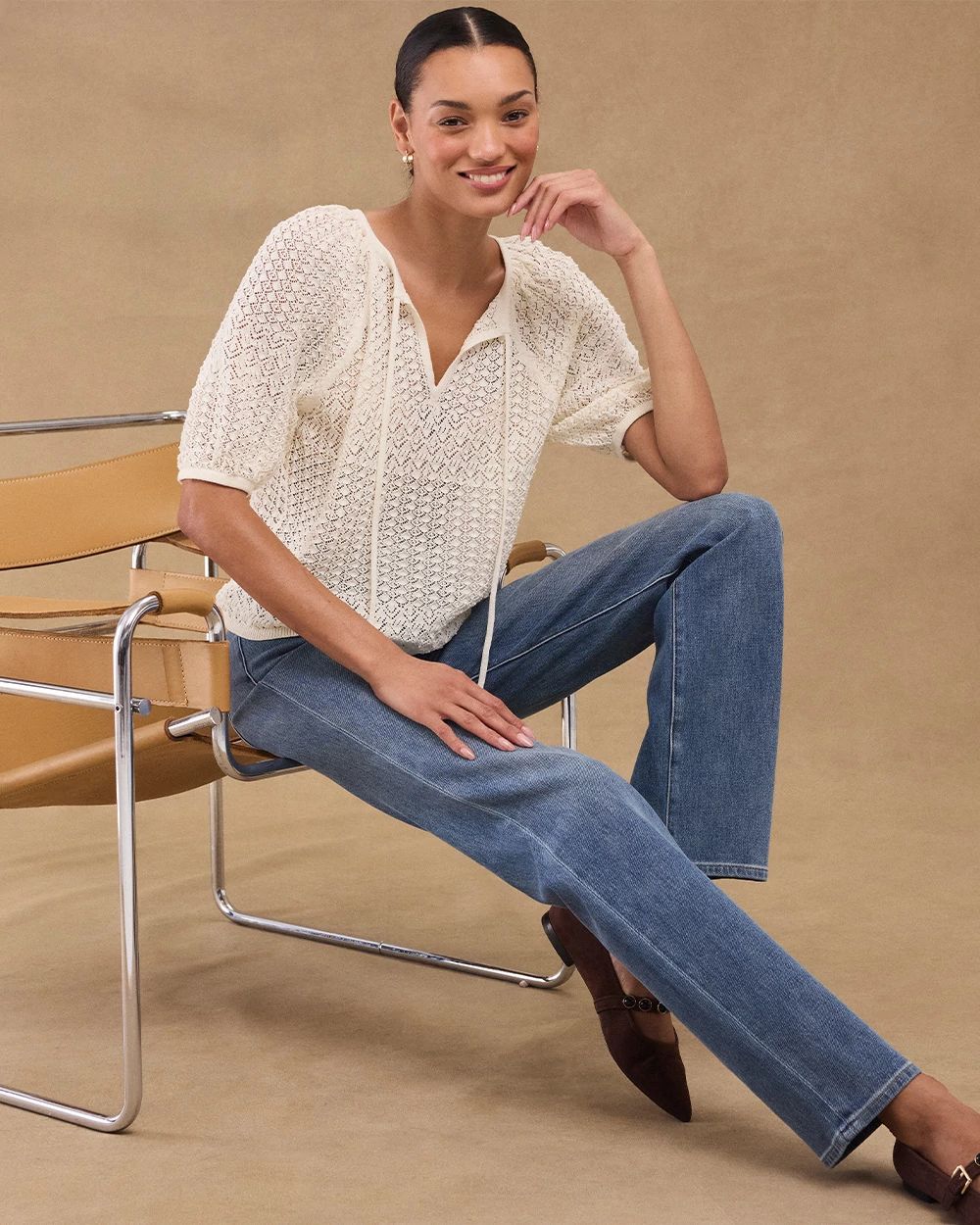 Pointelle Knit Puff Sleeve Pullover