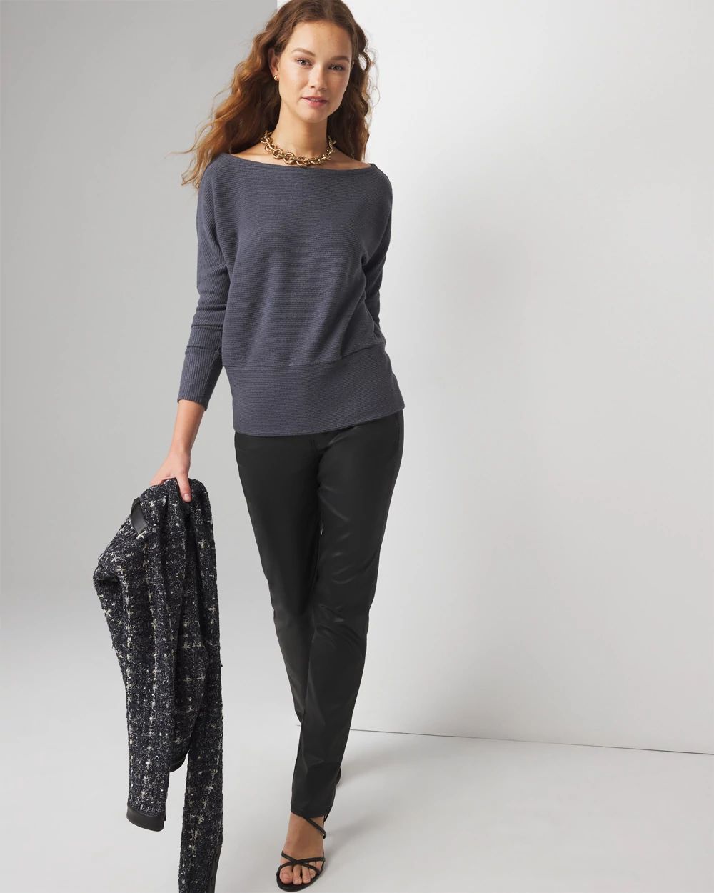 Off-The-Shoulder Ribbed Knit Pullover click to view larger image.