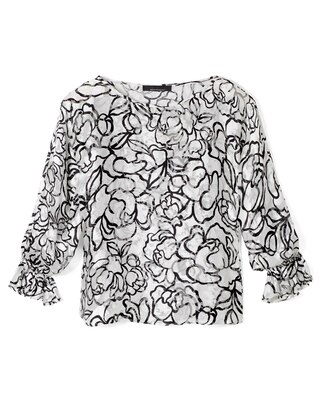 Long-Sleeve Silk Boat Neck Burnout Blouse