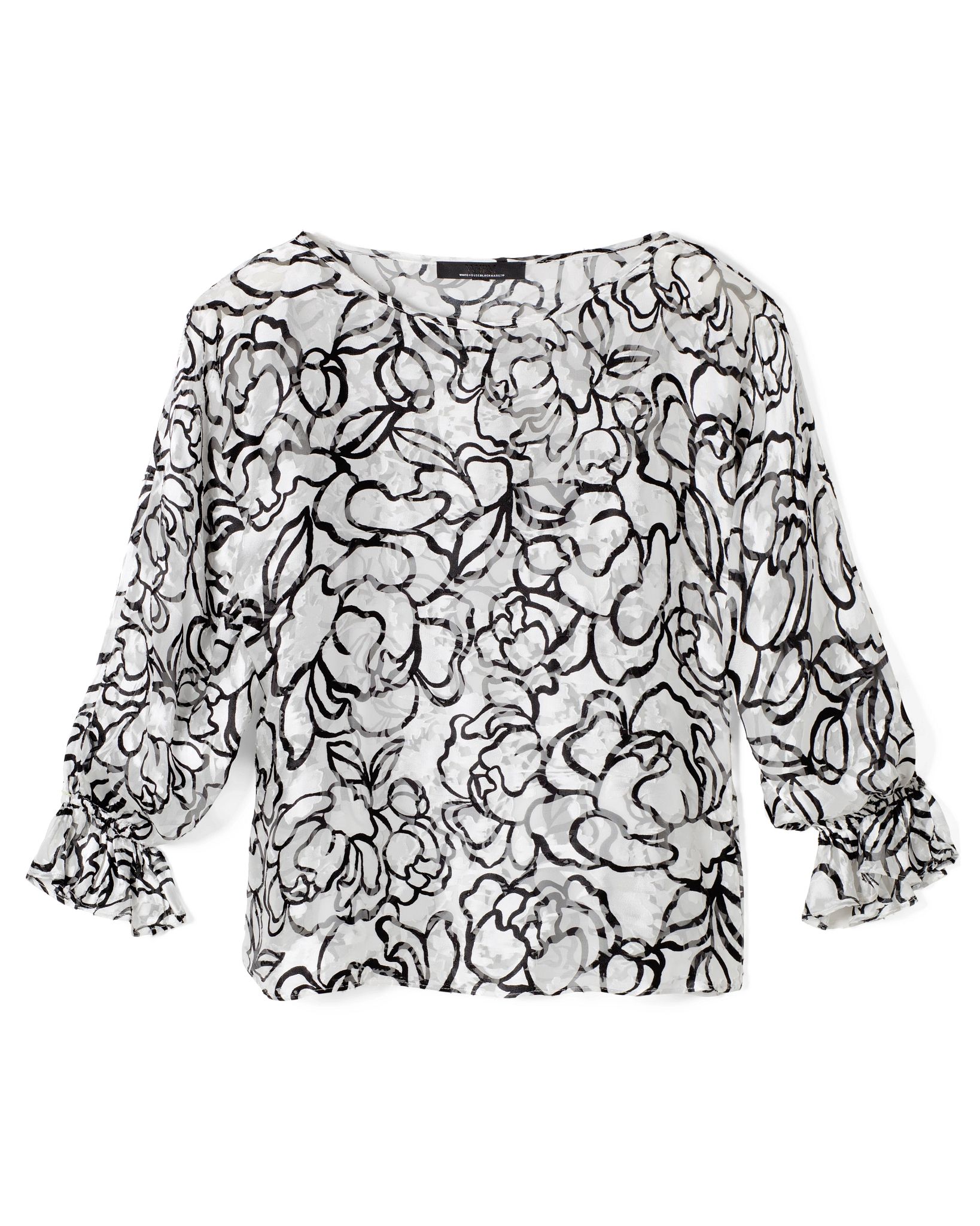 Long-Sleeve Silk Boat Neck Burnout Blouse