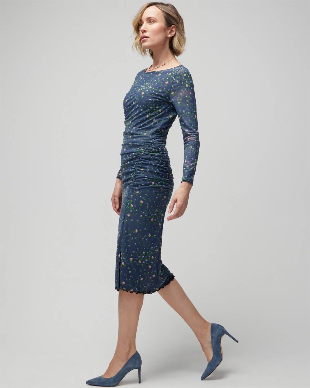 Long-Sleeve Reversible Mesh Sheath Dress