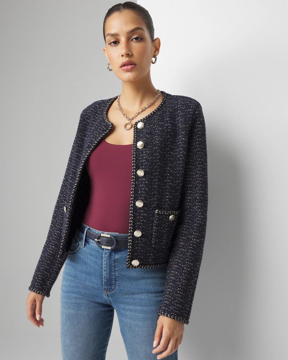Petite Long Sleeve Tweed Cardigan