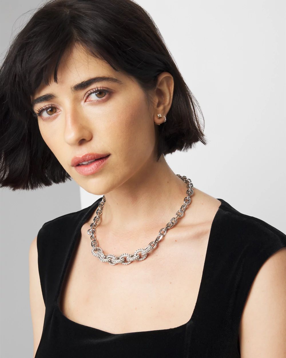 Silvertone Pavé Link Collar Necklace