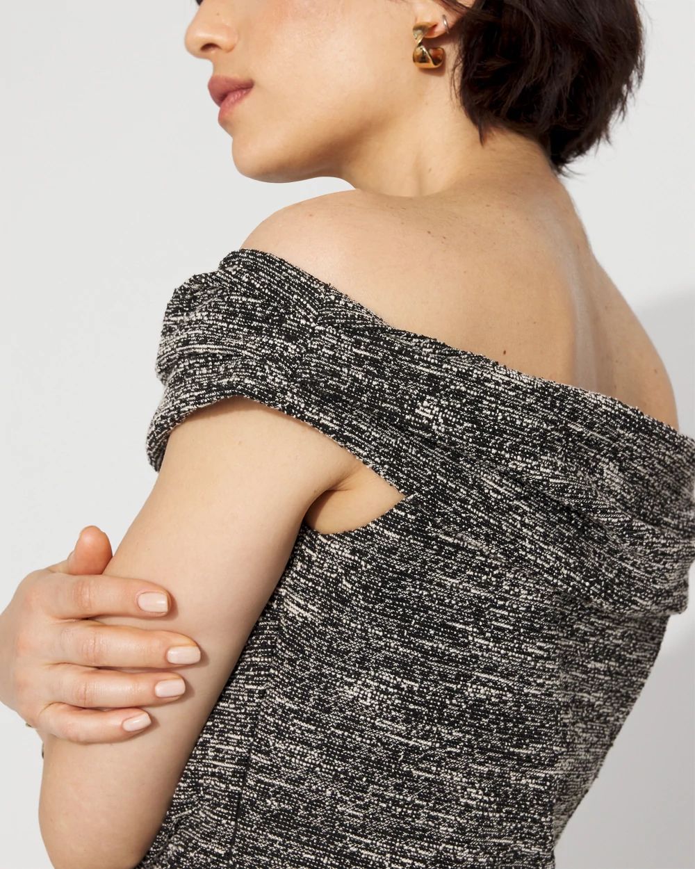 Tweed Off-The-Shoulder Knit Top click to view larger image.