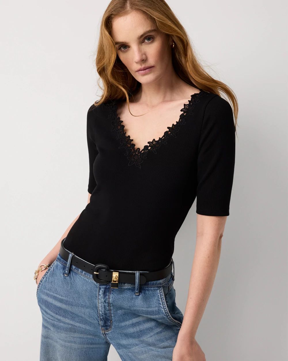 WHBM FORME™ Lace Trim V-neck Tee