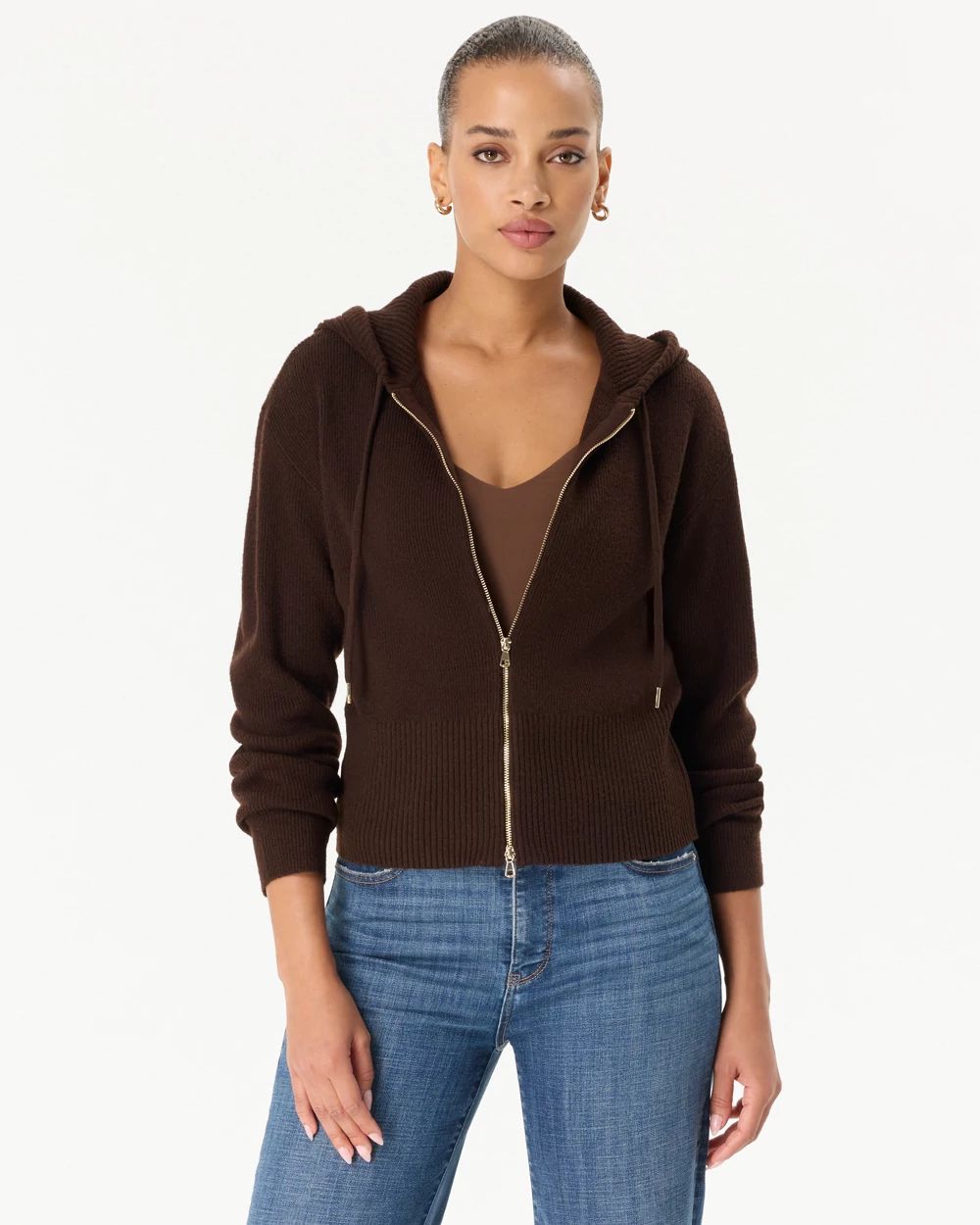 Rib Knit Zip Hooded Sweater Jacket
