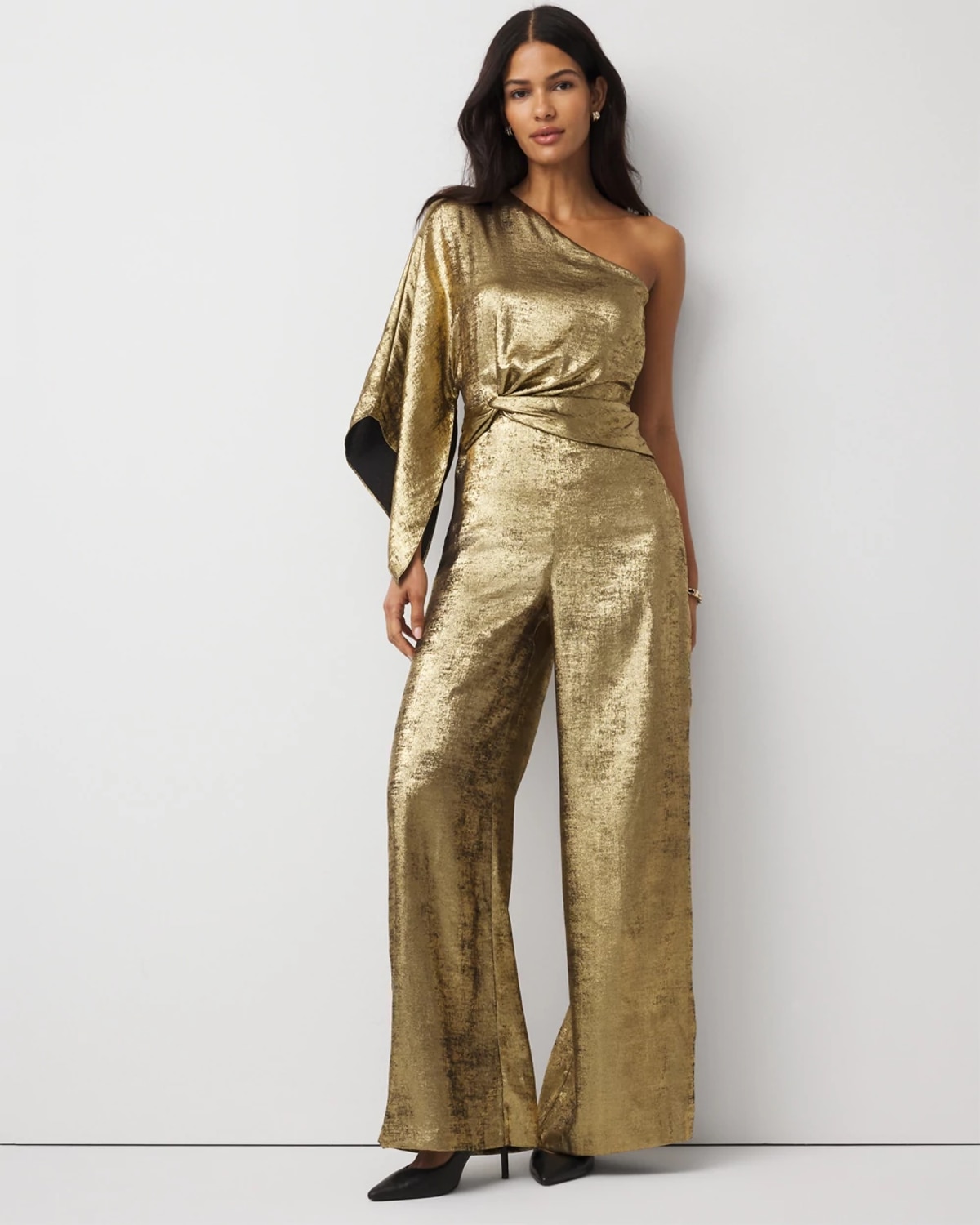 White House Black Market One-shoulder Metallic Chiffon Jumpsuit Size 12 |