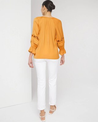 Petite Elbow-Sleeve Embroidered Detail Blouse