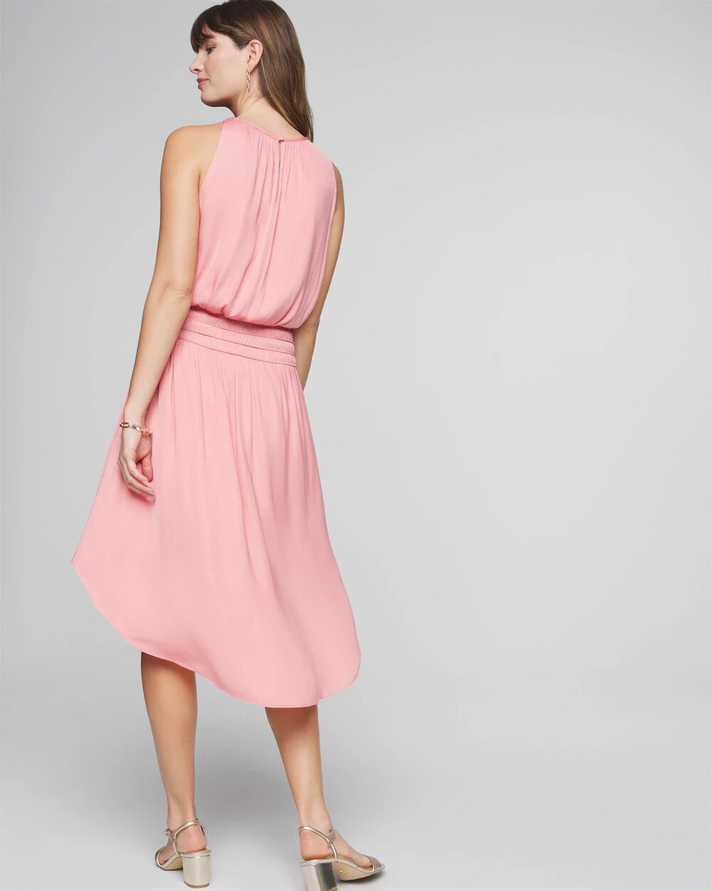 High-Neck Smocked Midi Dress