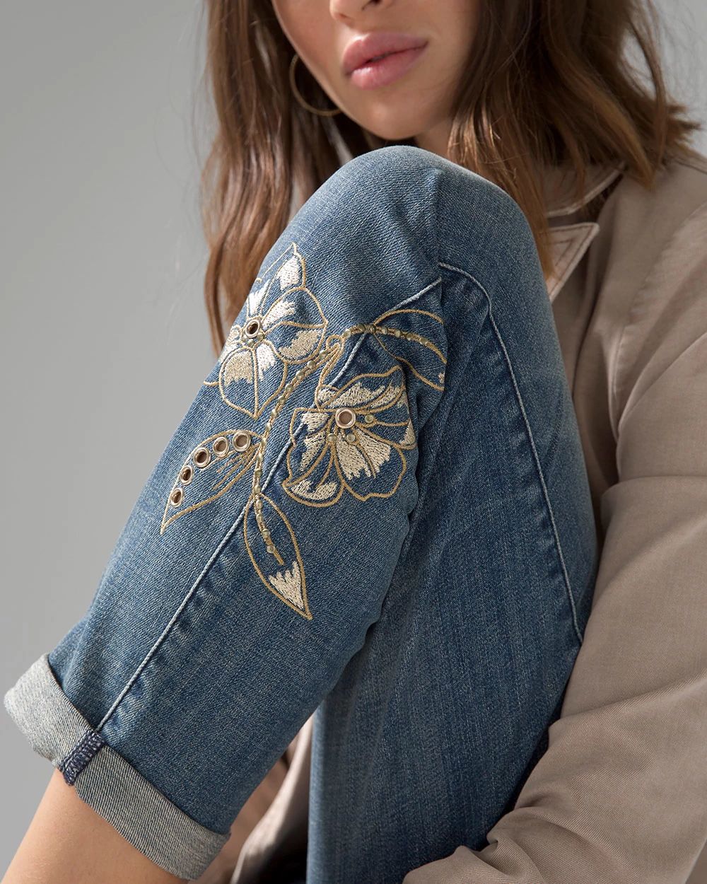 Mid-Rise Everyday Soft Denim™ Floral Grommet Girlfriend Jeans click to view larger image.