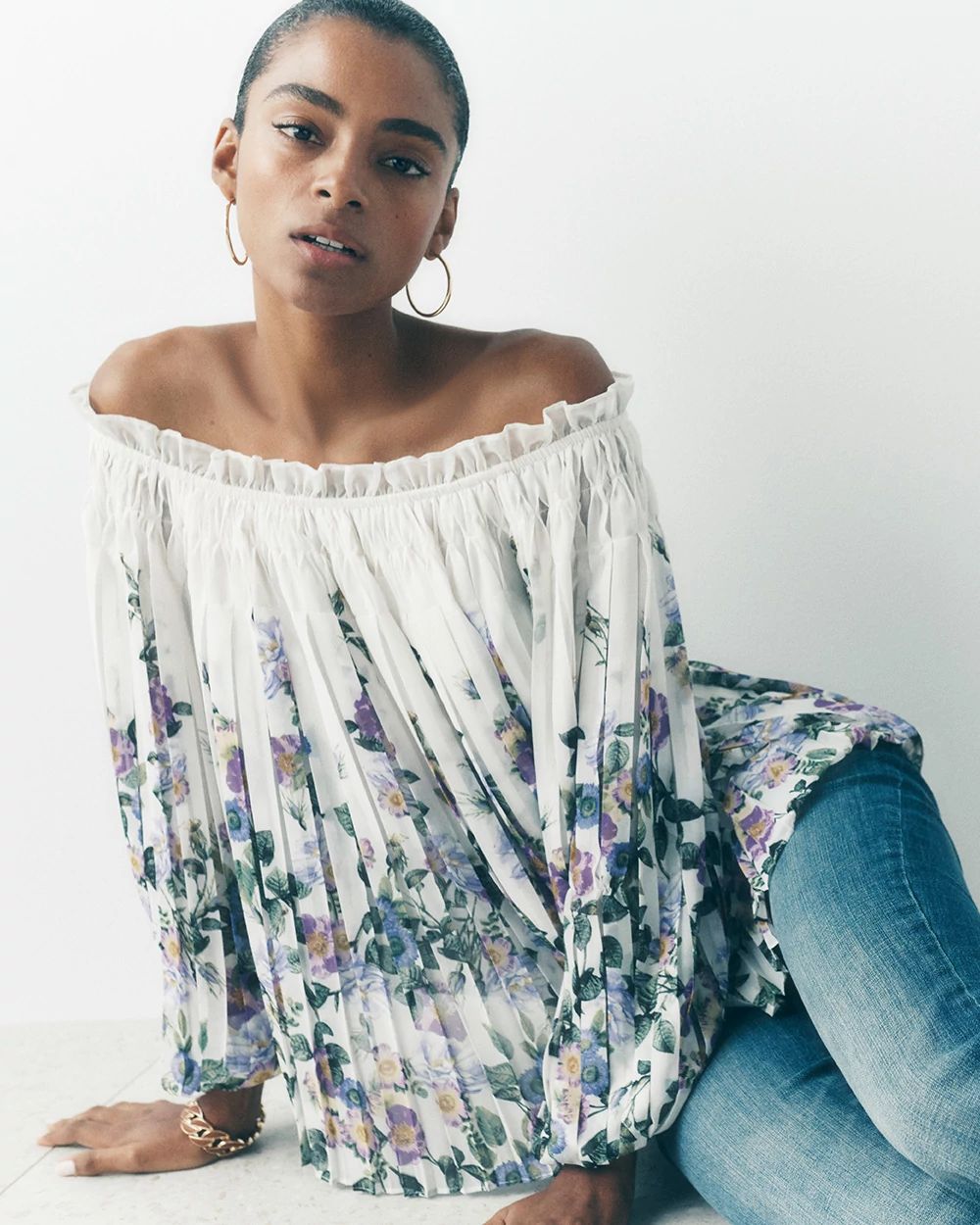 Off-the-Shoulder Floral Pleated Blouse