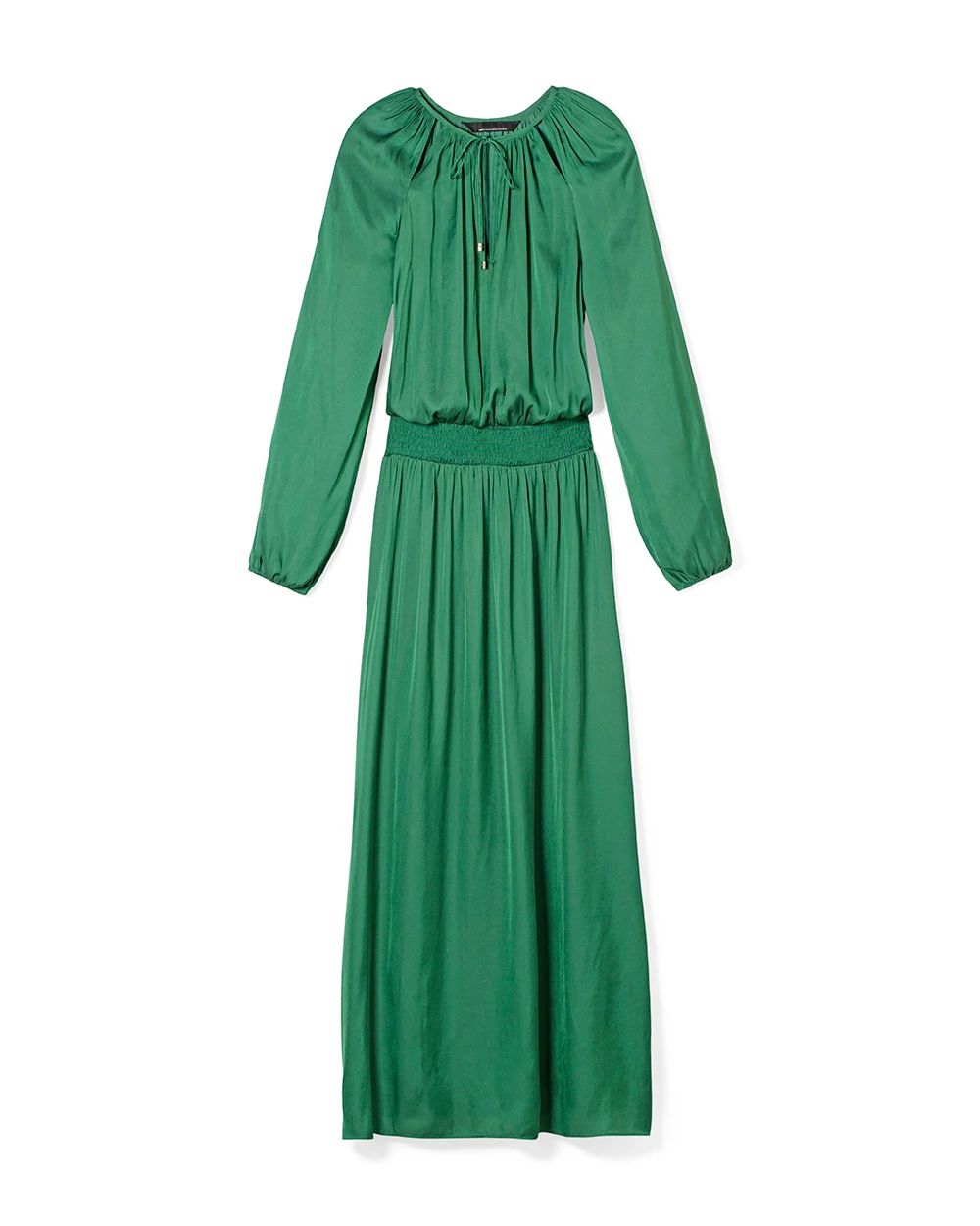 Long-Sleeve Smocked Waist Satin Midi Dress