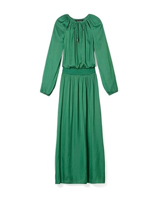 Long-Sleeve Smocked Waist Satin Midi Dress